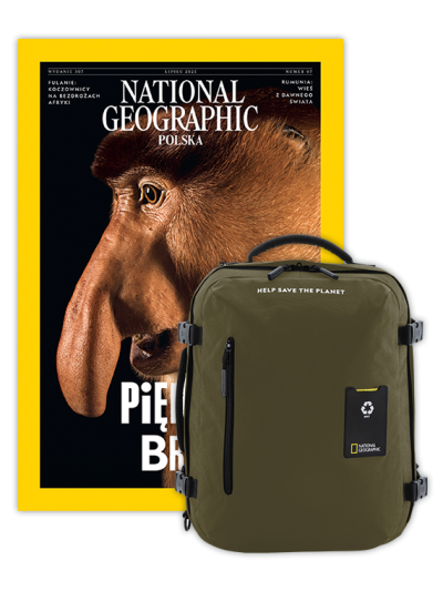Roczna prenumerata National Geographic z dużym plecakiem-torbą khaki NG OCEAN (poj. 41-50 l.)