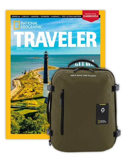 Roczna prenumerata Travelera z dużym plecakiem-torbą khaki NG OCEAN (poj. 41-50 l.)